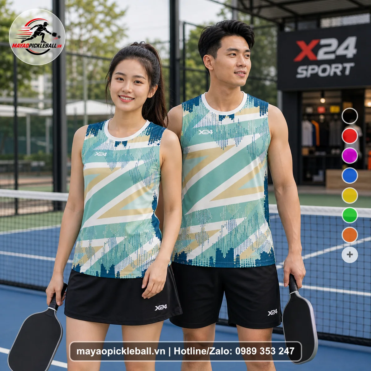 Bộ quần áo pickleball X24-PB-078 xanh ngọc, xanh, trắng biến thể không ống tay