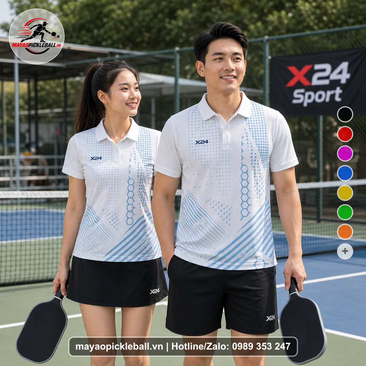 Bộ quần áo pickleball X24-PB-079 trắng áo có tay có cổ