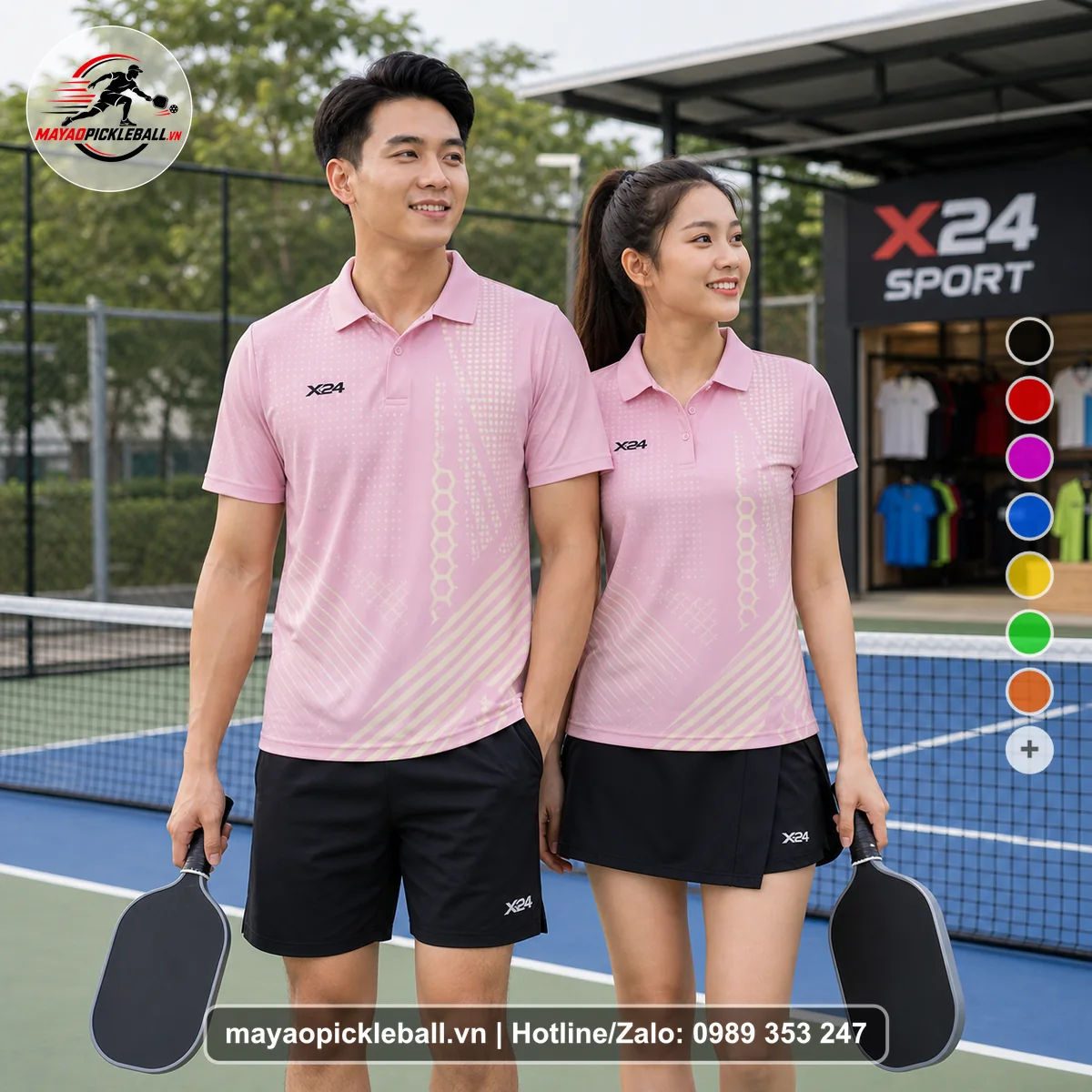Bộ quần áo pickleball X24-PB-080 hồng áo có tay có cổ