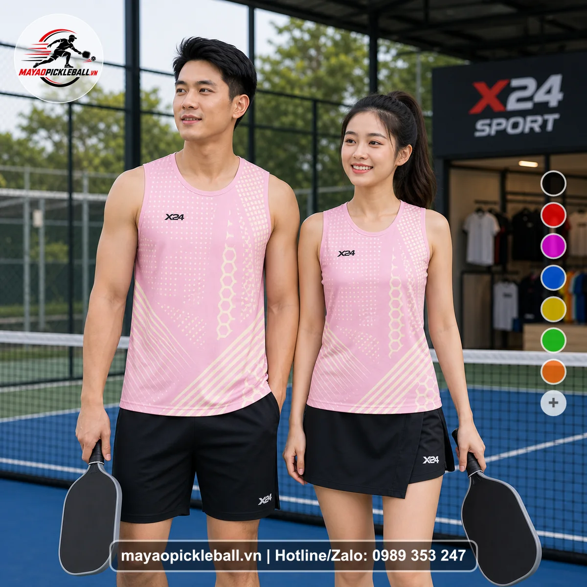 Bộ quần áo pickleball X24-PB-080 hồng biến thể không ống tay
