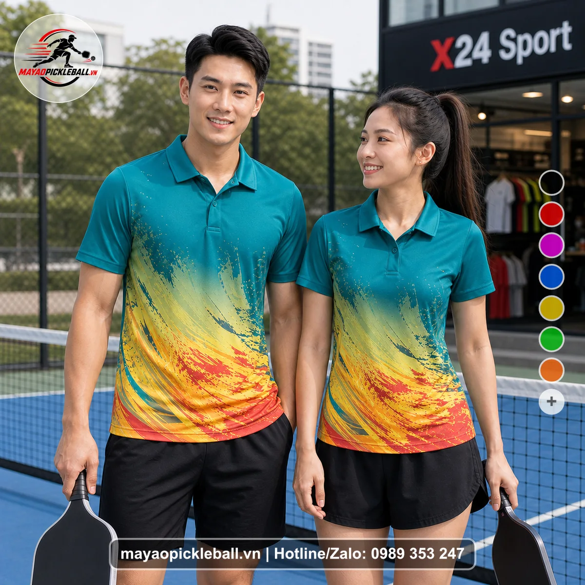 Bộ quần áo pickleball X24-PB-084 xanh áo có tay có cổ