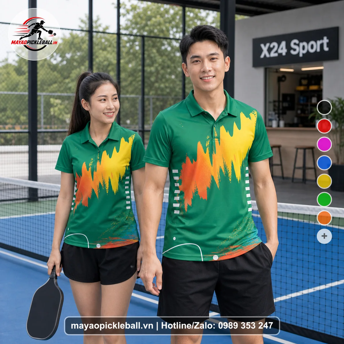 Bộ quần áo pickleball X24-PB-087 xanh áo có tay có cổ
