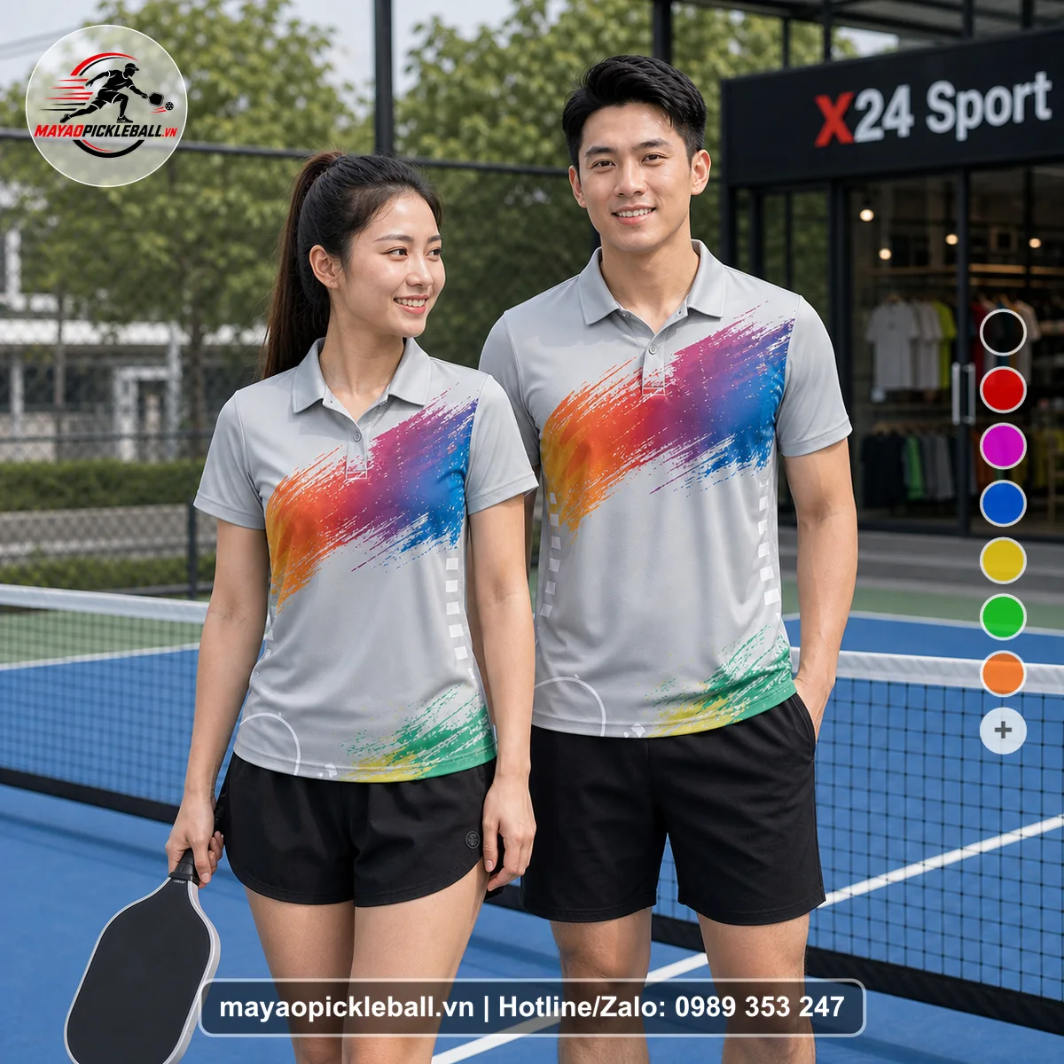 Bộ quần áo pickleball X24-PB-088 xám, xanh dương, cam áo có tay có cổ