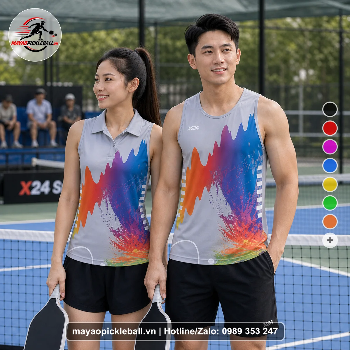 Bộ quần áo pickleball X24-PB-088 xám, xanh dương, cam biến thể không ống tay