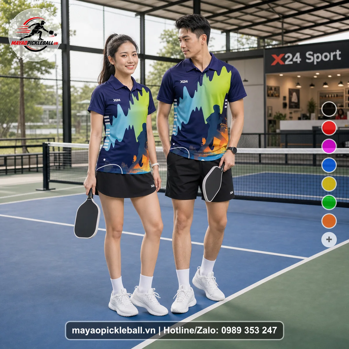 Bộ quần áo pickleball X24-PB-089 tím, tím than, xanh lime áo có tay có cổ