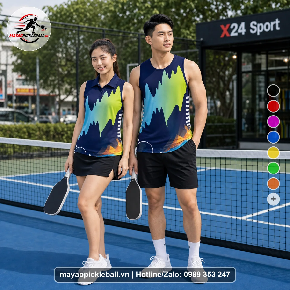 Bộ quần áo pickleball X24-PB-089 tím, tím than, xanh lime biến thể không ống tay